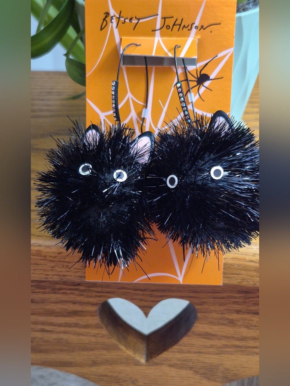 Betsey Johnson Black Fuzzy Cat Pom Drop Earrings. NEW WITH TAGS - Picture 2 of 5